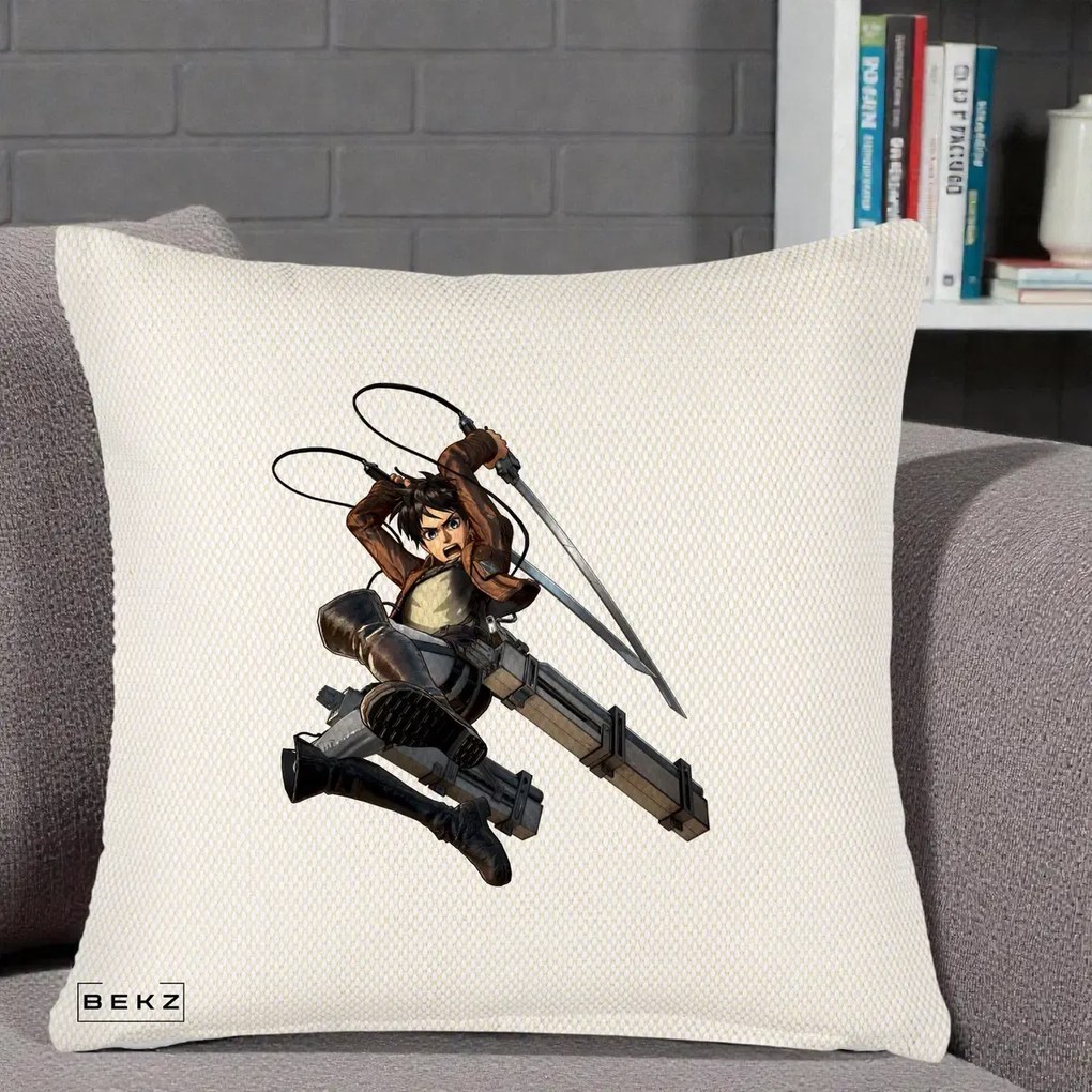 Perna Personalizata Attack on Titan Eren Yeager Lupta, 40x40 cm, Crem Reliefat, Husa Detasabila, Perna Inclusa, BEKZ®