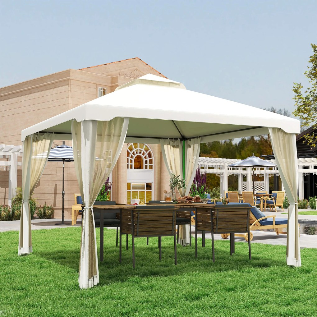 Foisor de Gradina Outsunny, Acoperis Dublu Plasa Tantari Pereti Laterali Bej 295x295x263cm | Aosom RO