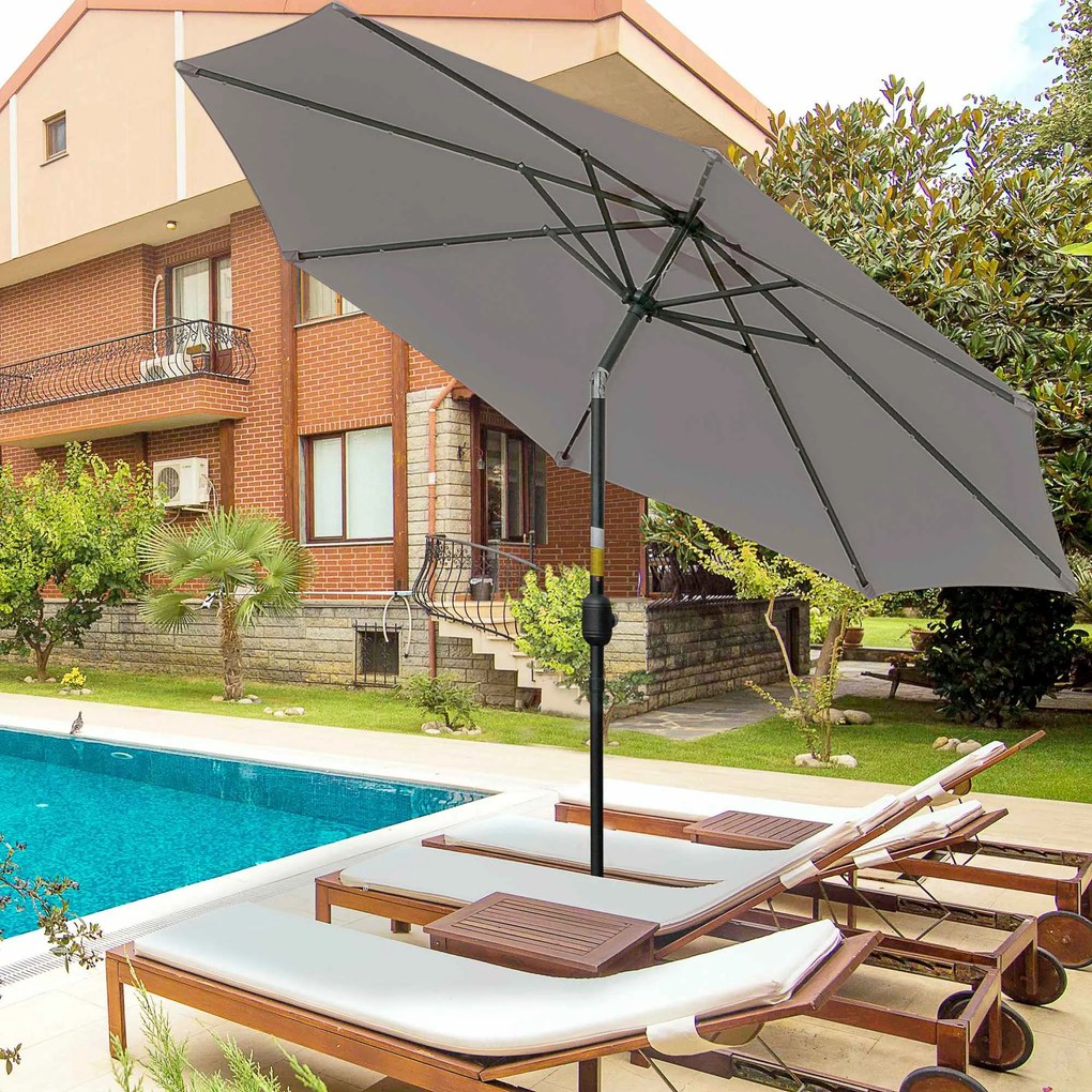 Outsunny Umbrelă de Grădină Inclinabilă Ø265 cm cu 32 Lumini LED Solare și Manivelă, Umbrelă de Exterior cu 8 Spițe, din Oțel și Poliester, pentru Patio, Curte, Balcon, Terasă, Gri | Aosom Romania