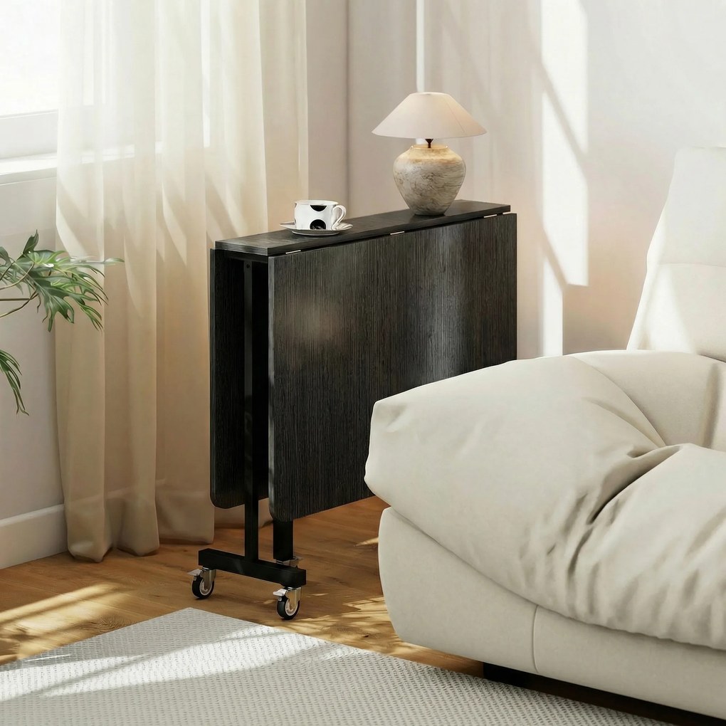 HOMCOM Masă de Dining Pliabilă, Masă de Bucătărie Rabatabilă cu Roți cu Frână pentru 4-6 Persoane, Birou Compact cu Cadru din Oțel, pentru Living, 120x80x73 cm, Negru cu Efect de Lemn | Aosom Romania