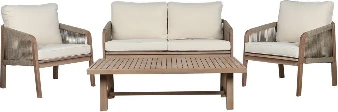 Set lounge exterior premium din lemn de acacia cu frânghie împletită, canapea, 2 fotolii și măsuță cu perne din stofă, „Capri”