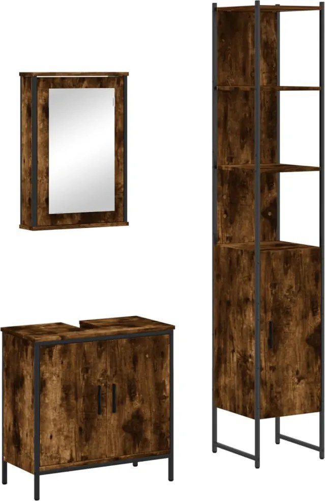 vidaXL Set mobilier de baie, 3 piese, stejar fumuriu, lemn prelucrat