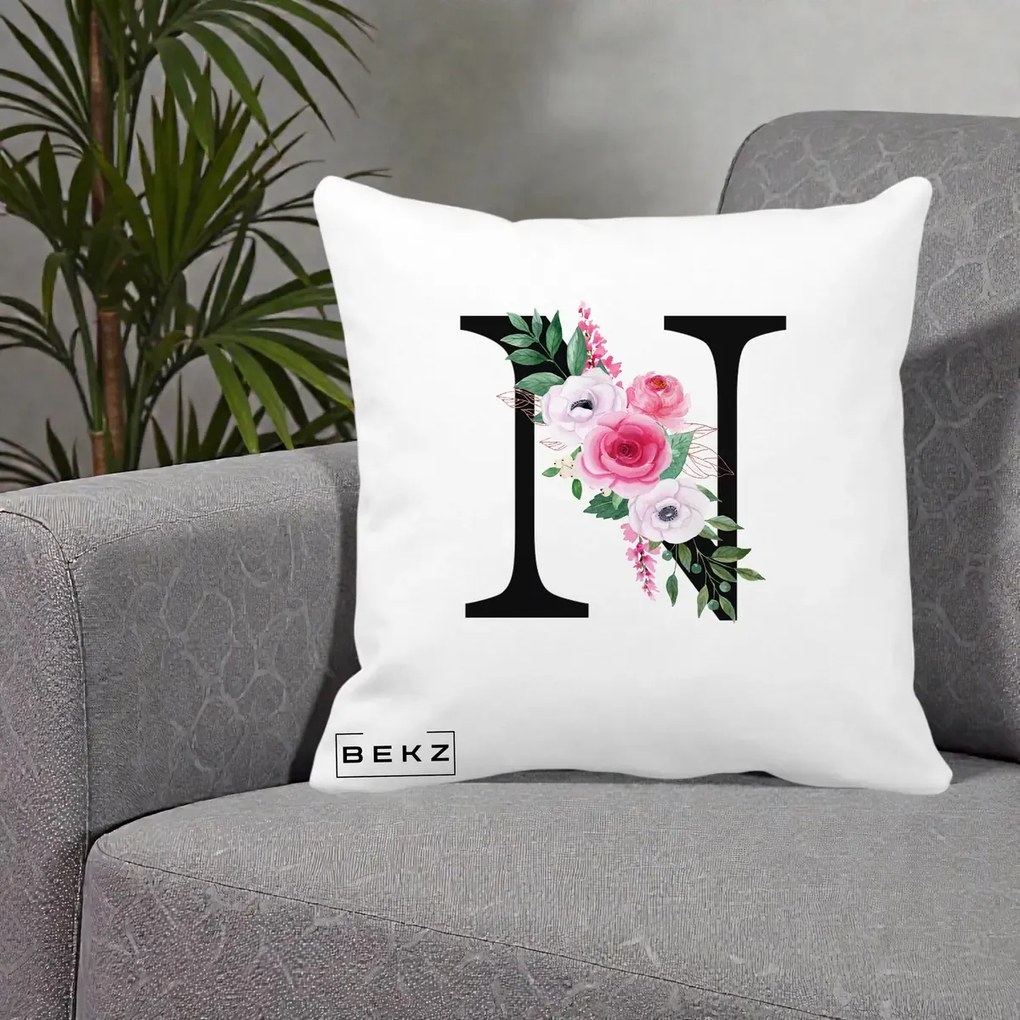 Cadou Personalizat - Perna Personalizata Monograma Florala Litera N, 40x40 cm, Alba Mata, Husa Detasabila, Perna Inclusa, BEKZ®