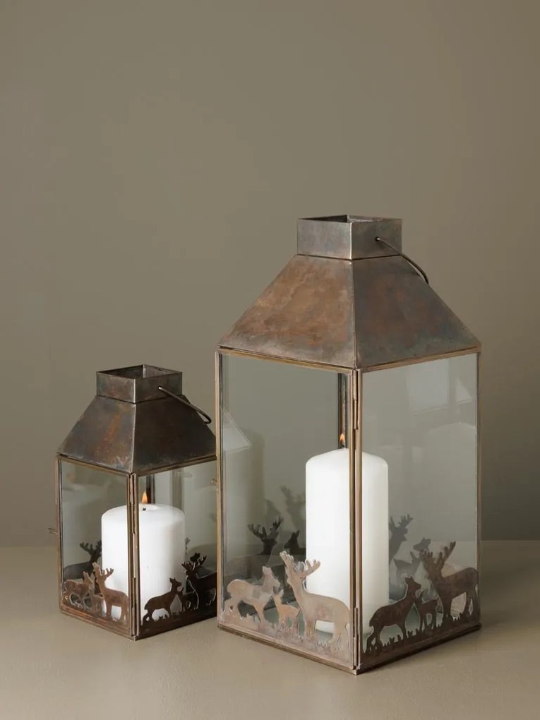 Set 2 felinare, din metal, cu aspect vintage, Deer