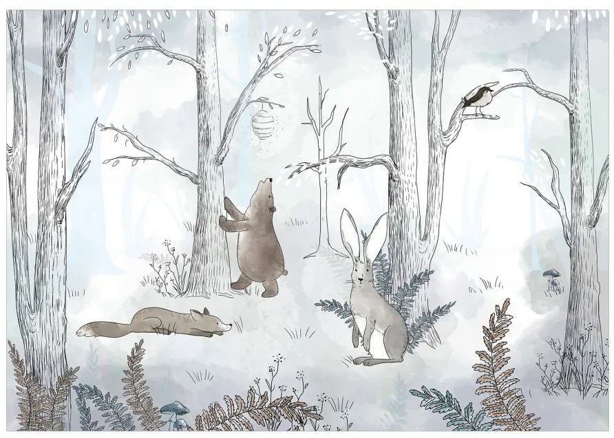 Fototapet - Pădure desenată - animalele pădurii în acuarele pe fundal albastru
