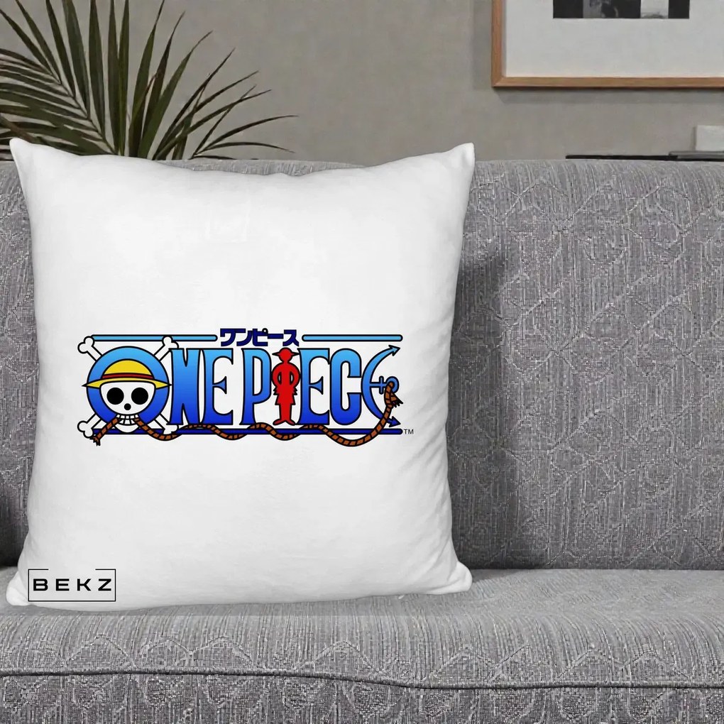 Perna Personalizata One Piece Clasic Albastru, 40x40 cm, Alb Pufos, Husa Detasabila, Perna Inclusa, BEKZ®