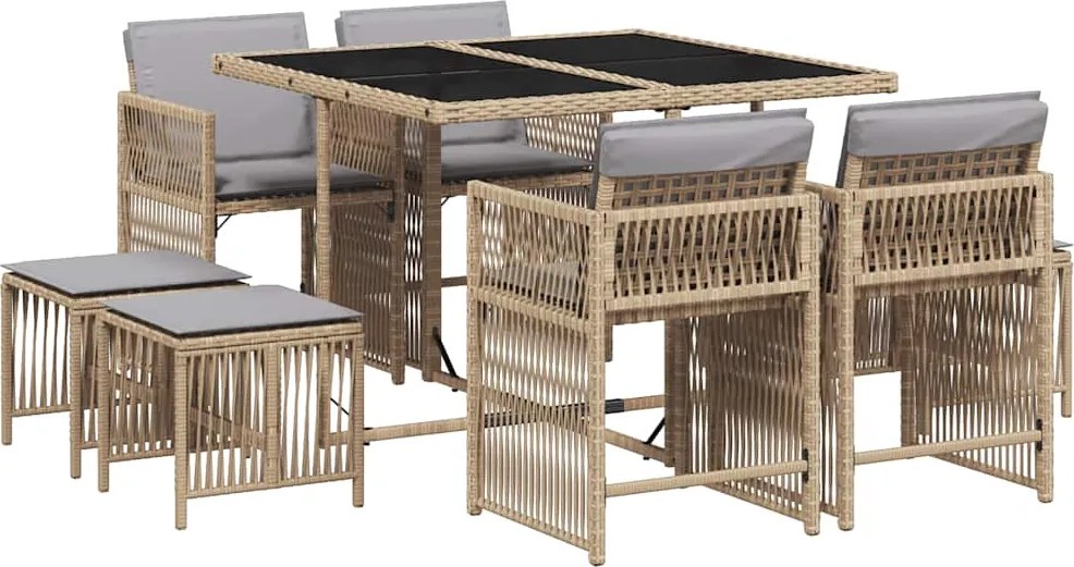 vidaXL Set de masă pentru grădină, 9 piese, cu perne, bej, poliratan