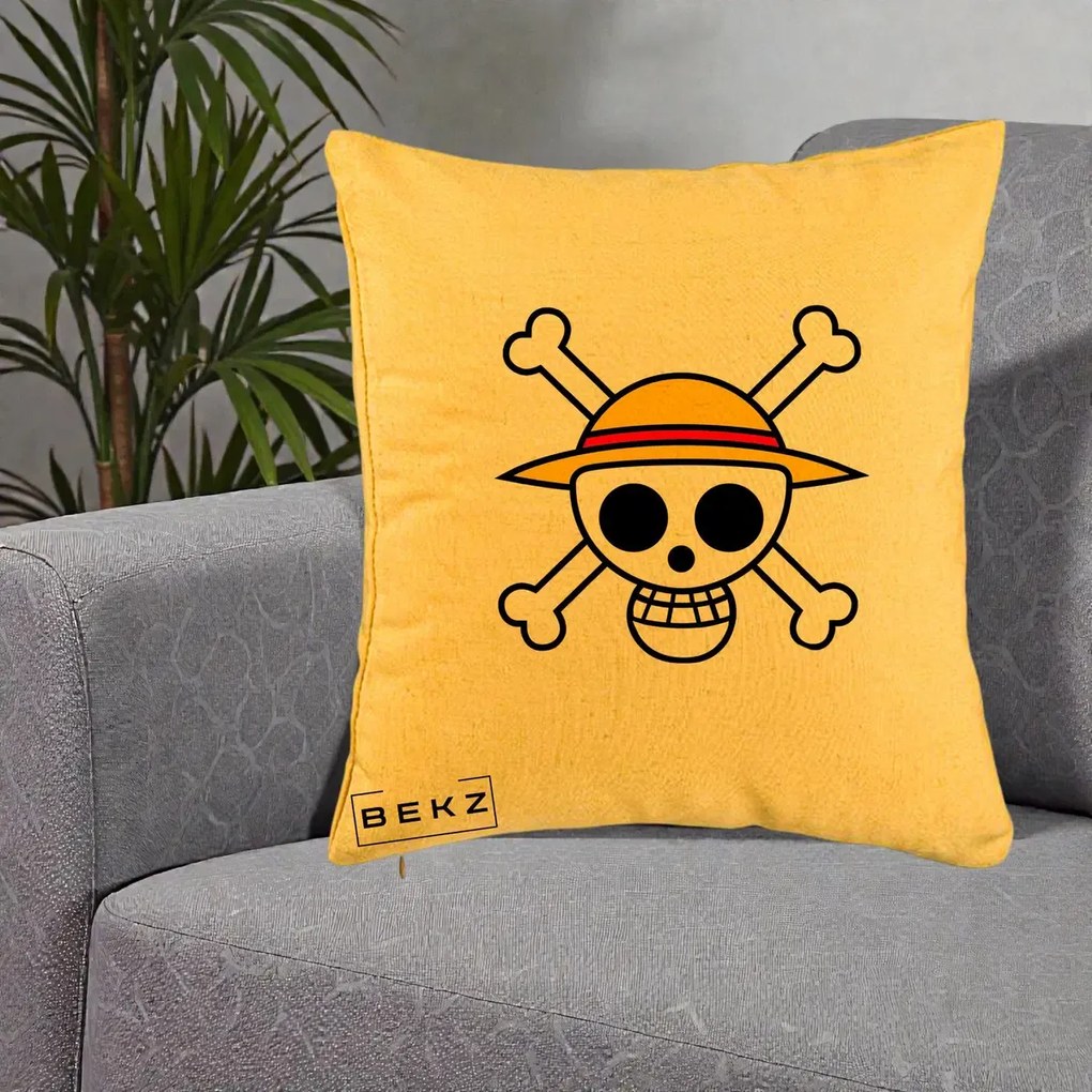 Perna Personalizata One Piece Jolly Roger Straw Hat Pirates, 40x40 cm, Galben, Husa Detasabila, Perna Inclusa, BEKZ®