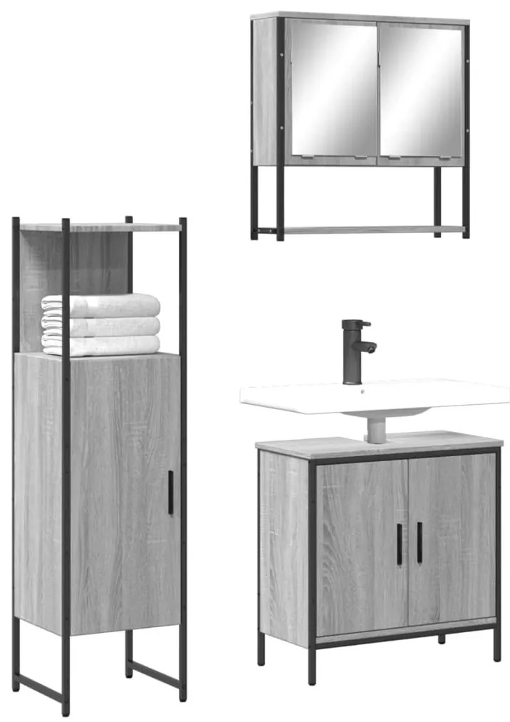 vidaXL Set mobilier de baie, 3 piese, gri sonoma, lemn prelucrat