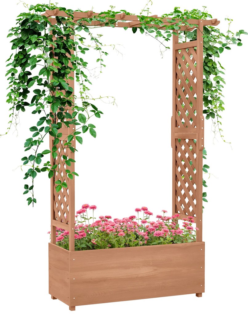 Outsunny Strat de Grădină Înălțat cu Grilaj și Acoperiș, Jardinieră din Lemn pentru Plante Cățărătoare, 112x41x180 cm, Maro | Aosom Romania