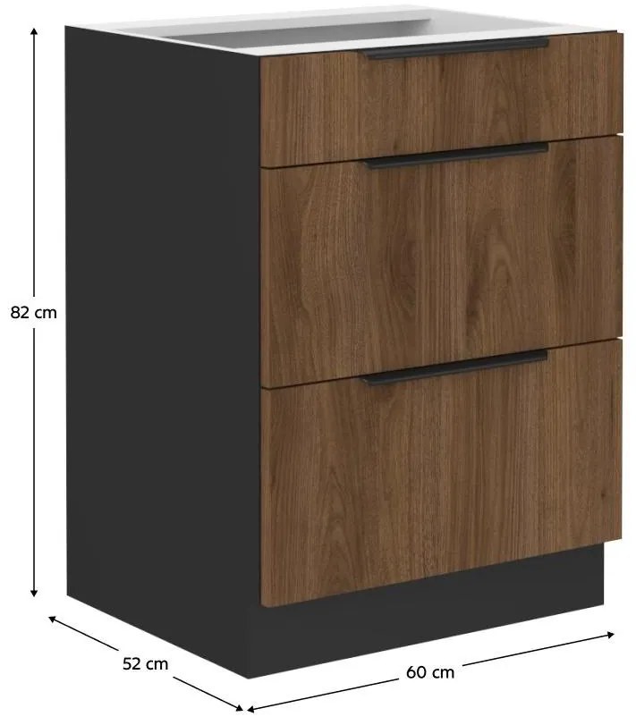 Dulap inferior de bucătărie Monzesa 60 D 3S BB (nuc okapi + negru) . 1096937