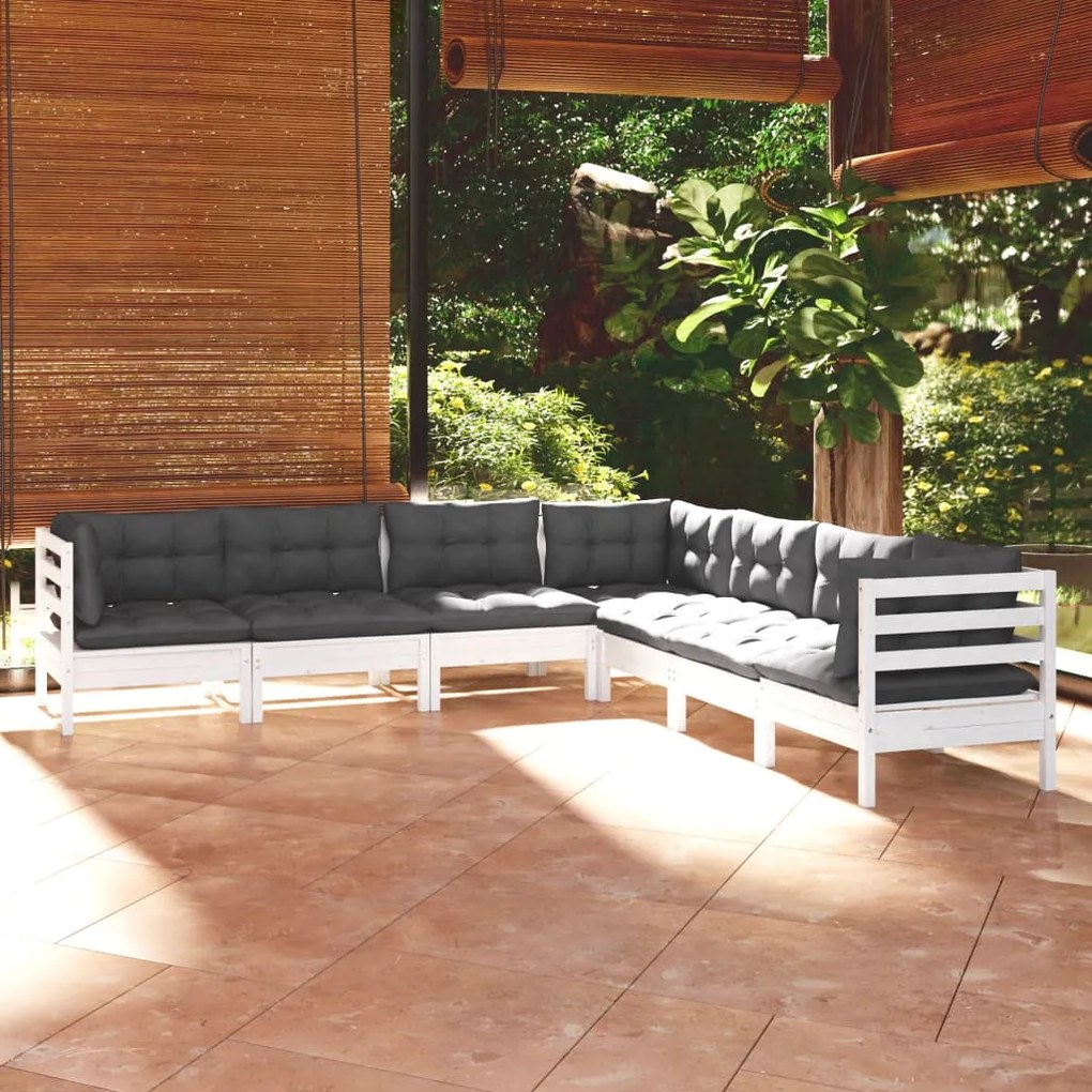 3096792 vidaXL Set mobilier grădină cu perne, 7 piese, alb, lemn masiv de pin