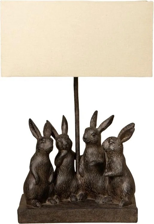 Lampă de masă din bumbac bej, cu structură din rășină maro în formă de grup de iepuri, finisaj patinat, 45×31×13 cm, „Lapin"