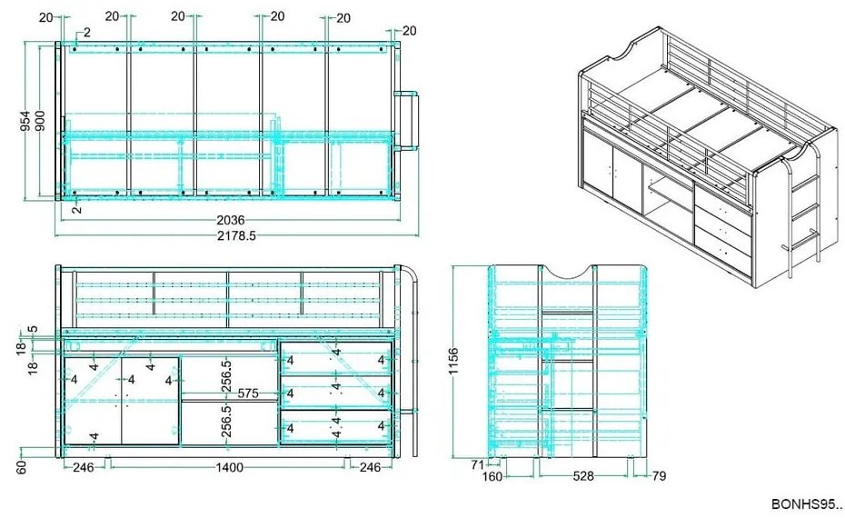 Pat pentru copii alb-gri înalt cu spațiu de depozitare cu somieră 90x200 cm Bonny – Vipack