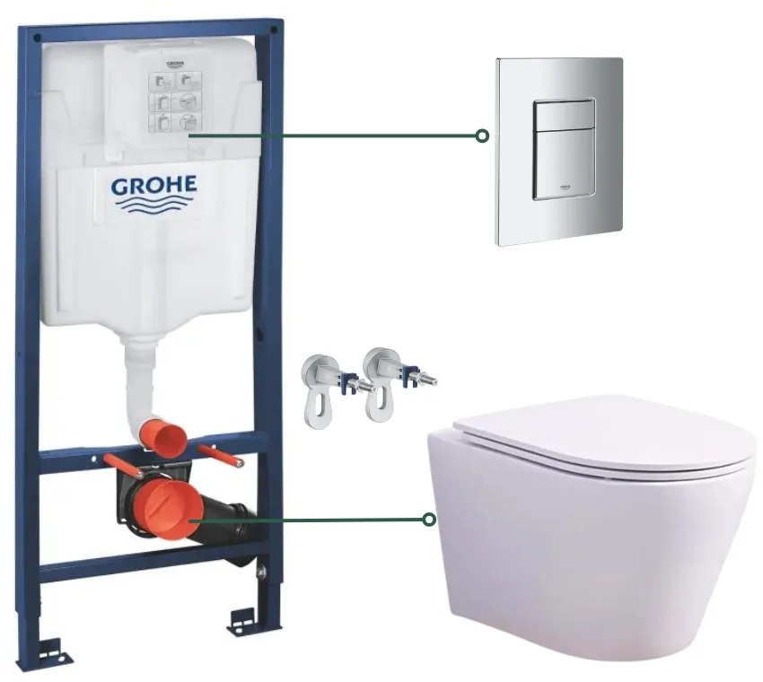 Set vas wc suspendat rimless cu capac soft close Oslo si set rezervor wc incastrat Grohe Rapid SL cu set fixare si clapeta crom Skate Cosmopolitan