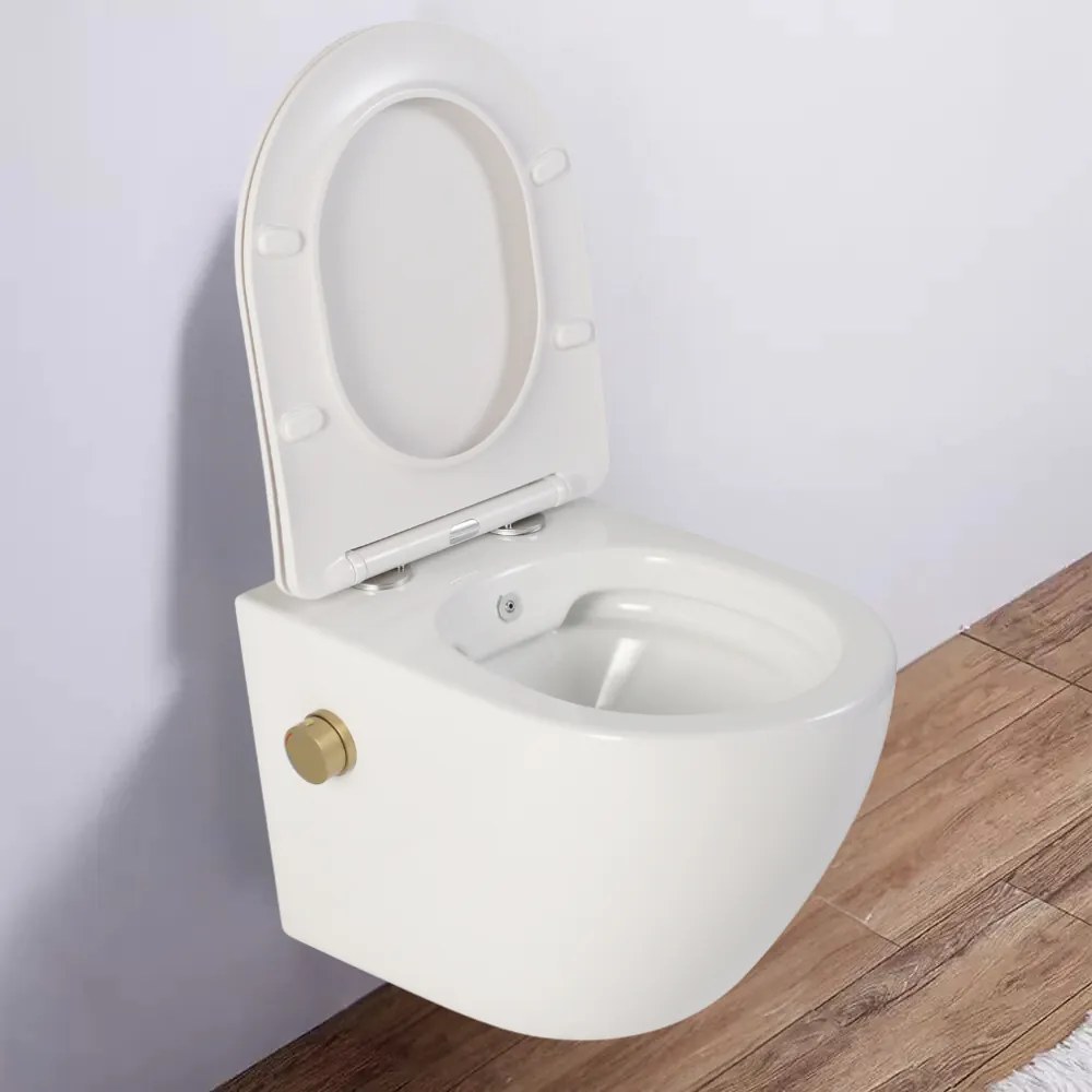 Vas wc suspendat cu functie bideu, Rotund, rimless si baterie auriu mat Foglia Oslo Baterie auriu mat