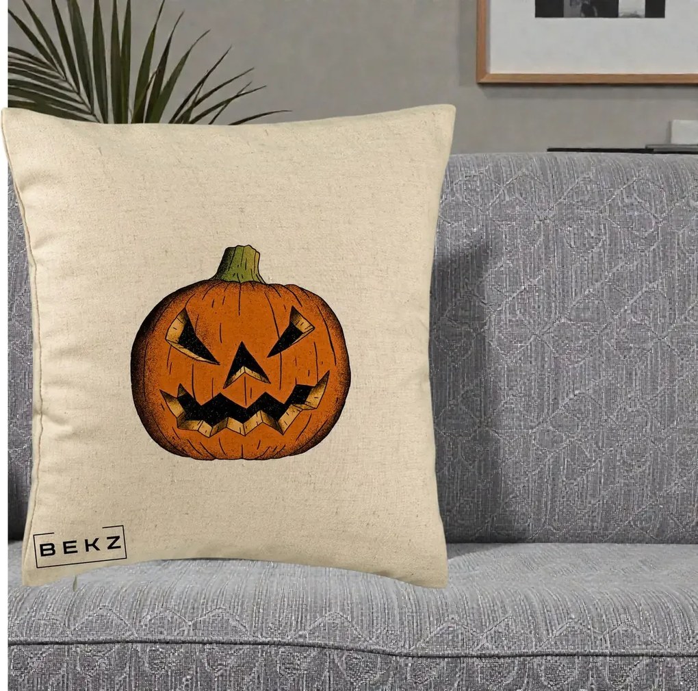 Perna Decorativa Halloween Dovleac Portocaliu Clasic, 40x40 cm, Bej, Husa Detasabila, Perna Inclusa, BEKZ®