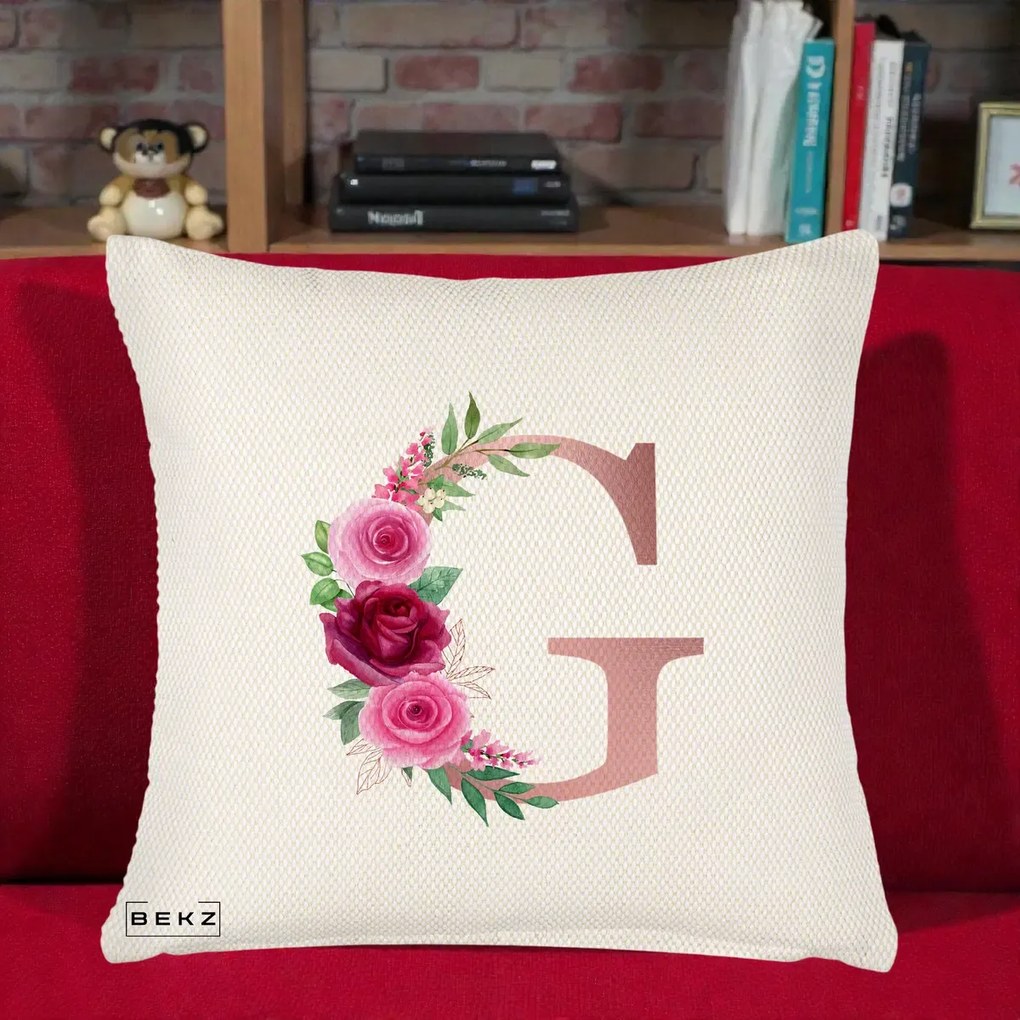 Cadou Personalizat - Perna Personalizata Monograma Rose Gold Litera G, 40x40 cm, Crem Reliefat, Husa Detasabila, Perna Inclusa, BEKZ®