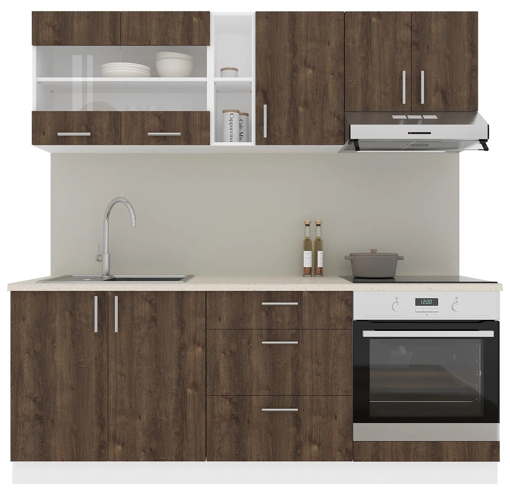 Set Bucatarie Karo V12, Stejar Bronz/Alb, Blat Thermo 28 mm, L 200 cm