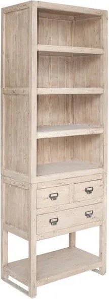 Bibliotecă vintage din lemn de pin, cu 4 rafturi deschise, 3 sertare și raft inferior, 230 x 78 x 45 cm, „Portland”
