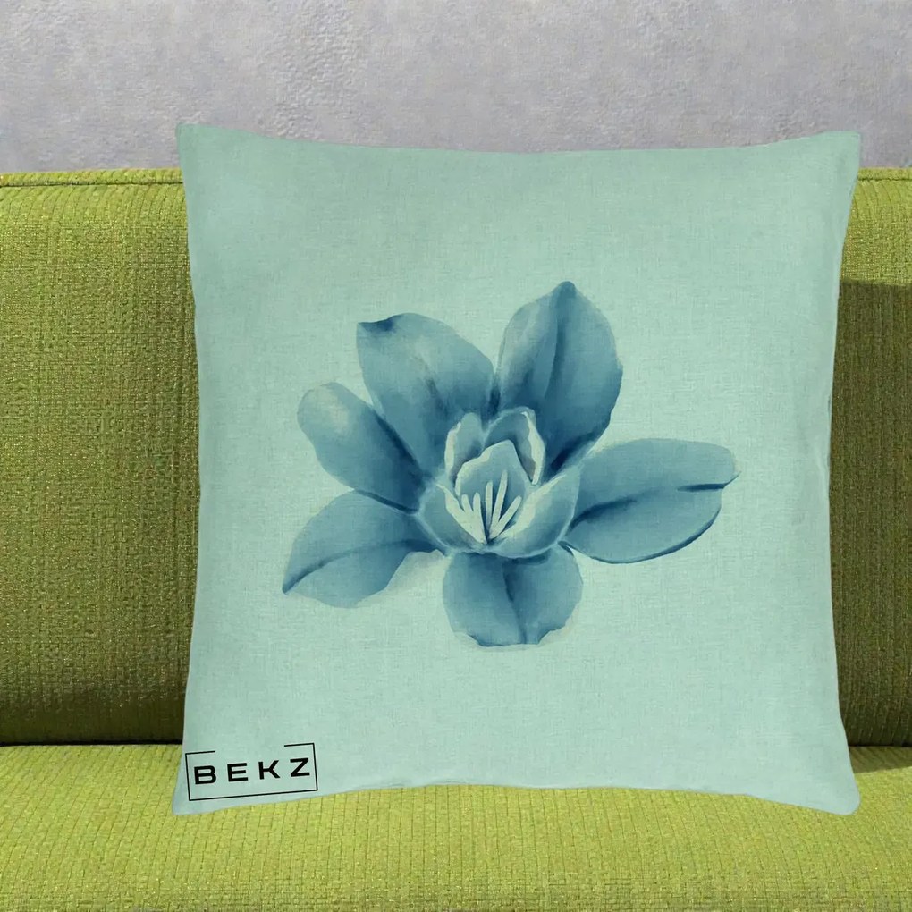 Perna Decorativa Magnolie Albastra Acuarela, 40x40 cm, Verde Menta, Husa Detasabila, Perna Inclusa, BEKZ®