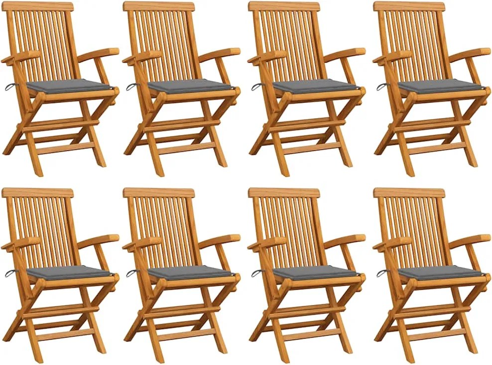vidaXL Scaune de grădină cu perne gri, 8 buc., lemn masiv de tec