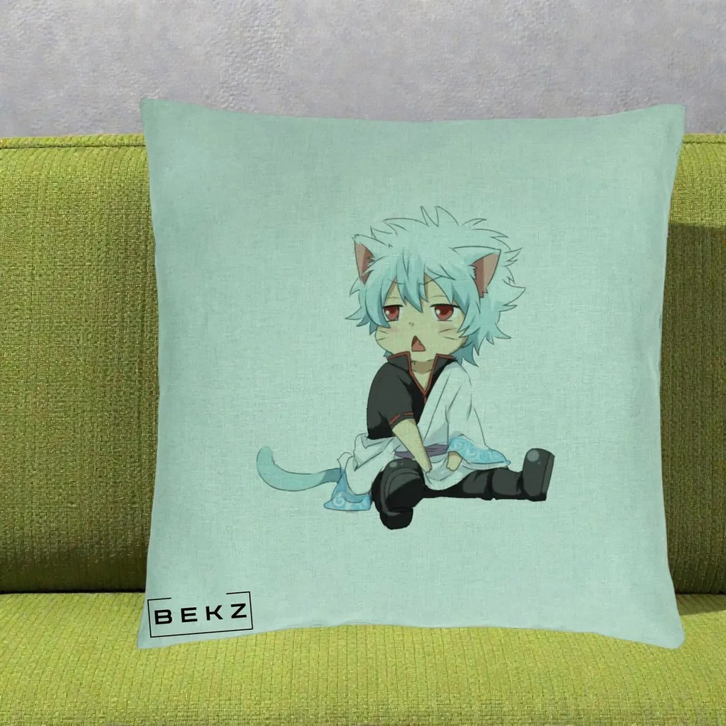 Perna Personalizata Gintama Gintoki Chibi Pisica, 40x40 cm, Verde Menta, Husa Detasabila, Perna Inclusa, BEKZ®