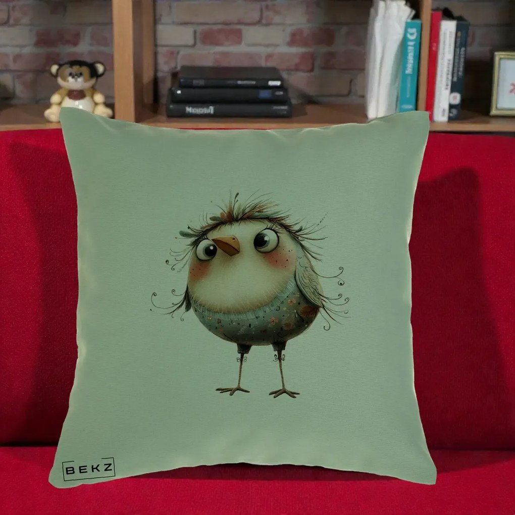 Perna Decorativa Pasare cu Penaj Zbarlit si Gene, 40x40 cm, Verde, Husa Detasabila, Perna Inclusa, BEKZ®