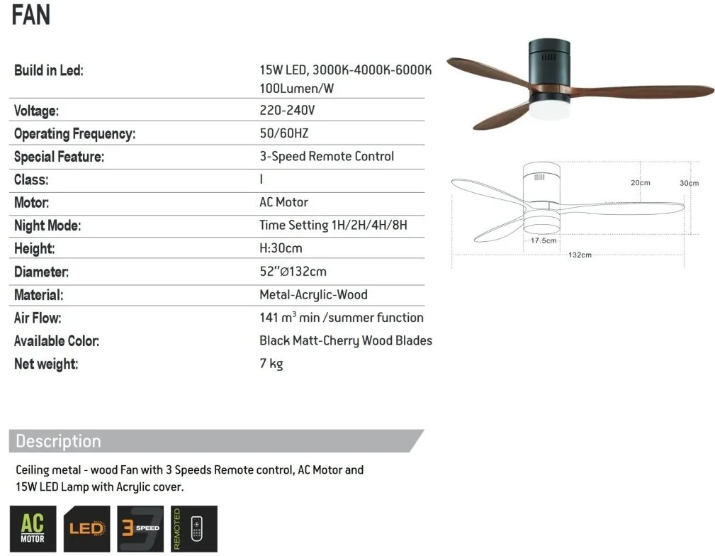 Lustra LED cu Ventilator si telecomanda Crius negru/lemn cires