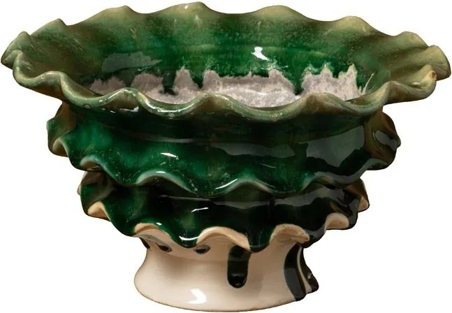 Bol pentru fructe din ceramică artizanală natur cu margini sculptate ondulat, verde, 18,5 × 33 cm, „Corola"