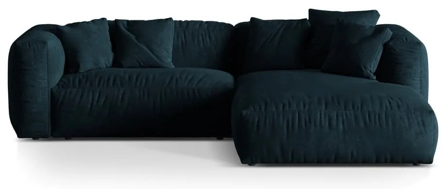Colțar modular albastru închis cu tapițerie din catifea (cu colț pe partea dreaptă/cu șezlong) Martina – Micadoni