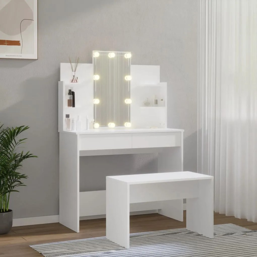 Set de masuta de toaleta cu LED, alb, lemn prelucrat Alb, 96 x 40 x 142 cm