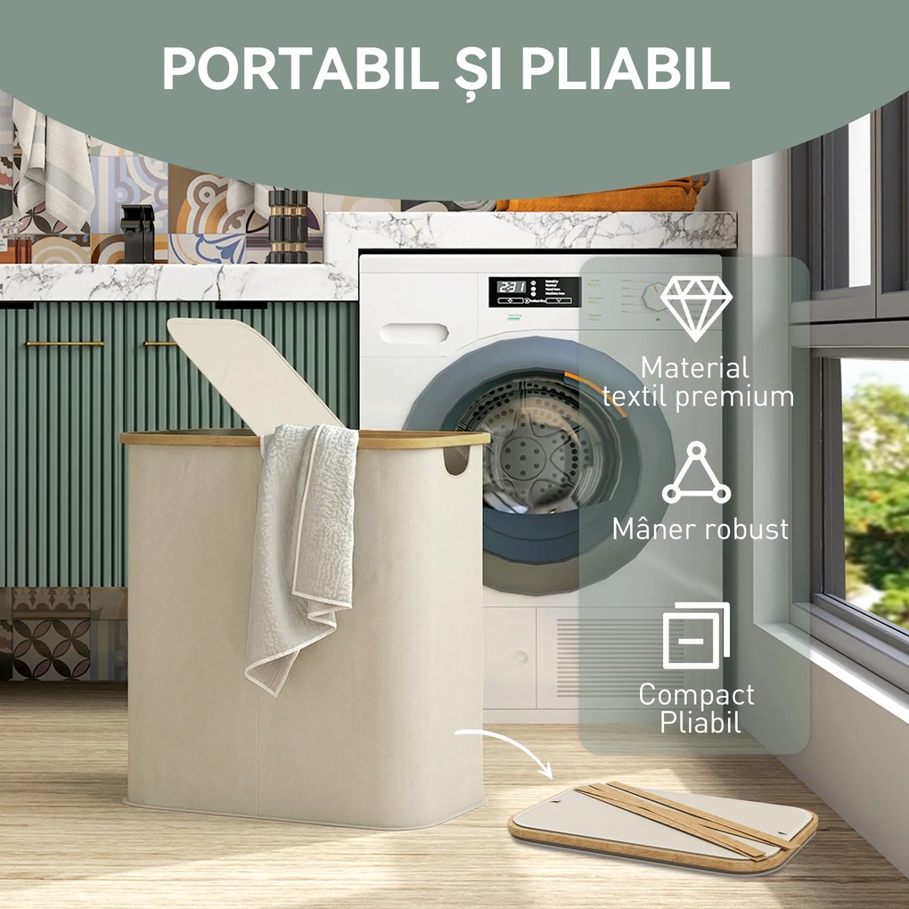 HOMCOM Coș Pentru Rufe 80L cu Capac Din Bambus, Bej | Aosom Romania