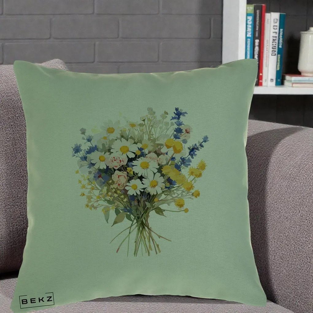 Perna Decorativa Buchet Camp Acuarela Margarete-Lavanda, 40x40 cm, Verde, Husa Detasabila, Perna Inclusa, BEKZ®