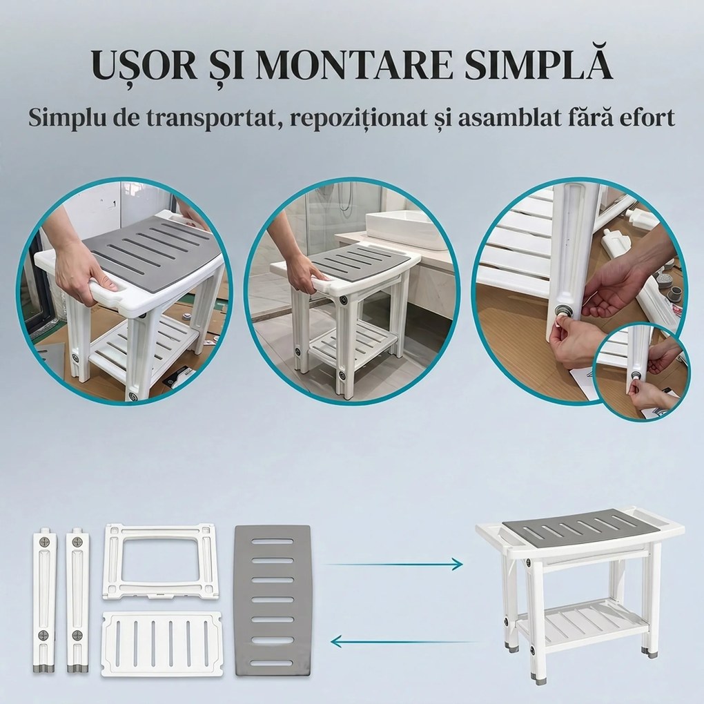 HOMCOM Bancă de Duș cu 2 Niveluri și Raft, Alb și Gri | Aosom Romania