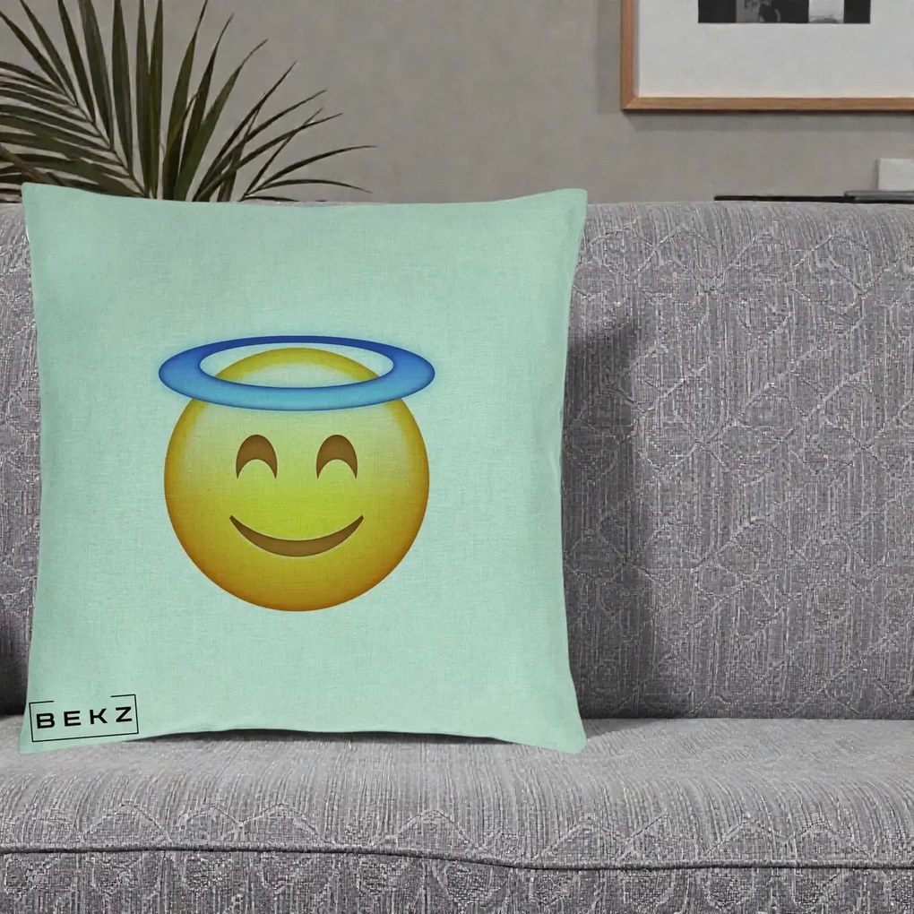 Perna Decorativa Emoji Inger cu Aureola, 40x40 cm, Verde Menta, Husa Detasabila, Perna Inclusa, BEKZ®