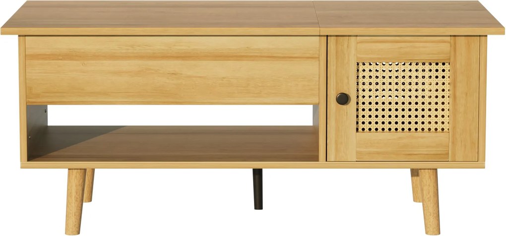 Masă de cafea cu blat rabatabil și uși din ratan, spațiu de depozitare practic,103x50x46 cm, Culoare naturală