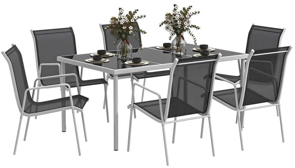 Outsunny Set de Grădină cu Masă Dreptunghiulară din Sticlă și 6 Scaune Stivuibile, 150x90x72 cm, Negru | Aosom Romania