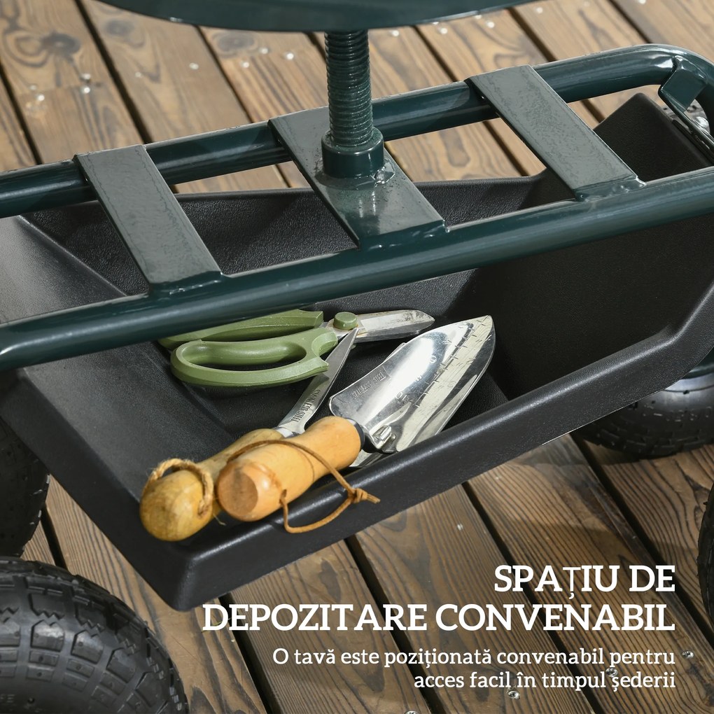 Outsunny Cărucior de Grădină cu Șezut Rotativ, Tavă pentru Unelte și Înălțime Reglabilă, pentru Terasă și Curte | Aosom Romania