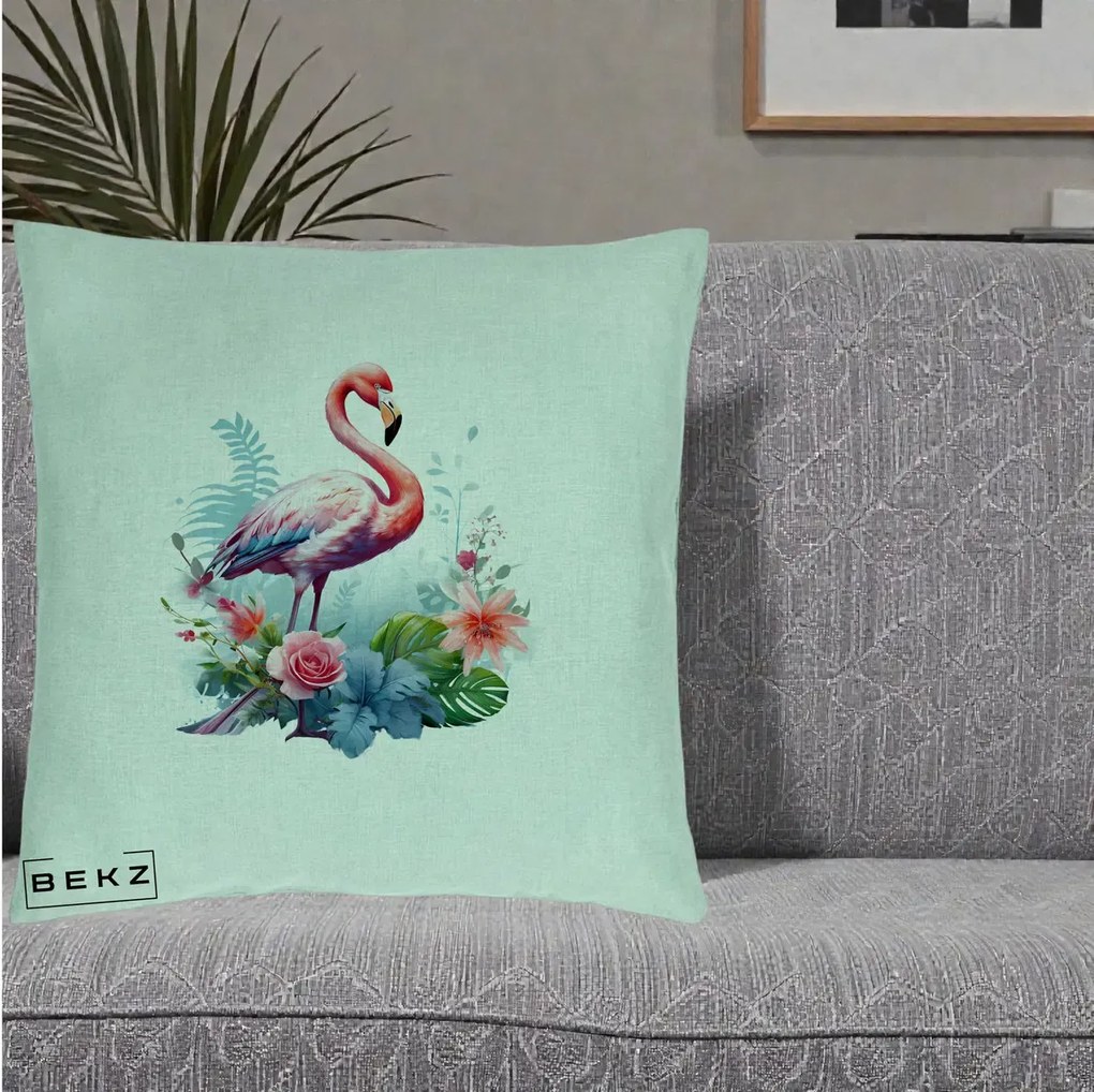 Perna Decorativa Flamingo cu Flori Tropicale Acuarela, 40x40 cm, Verde Menta, Husa Detasabila, Perna Inclusa, BEKZ®