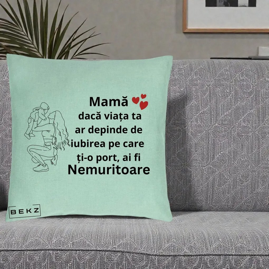 Cadou pentru Mama - Perna Personalizata Mama Nemuritoare Portret Graphic, 40x40 cm, Verde Menta, Husa Detasabila, Perna Inclusa, BEKZ®