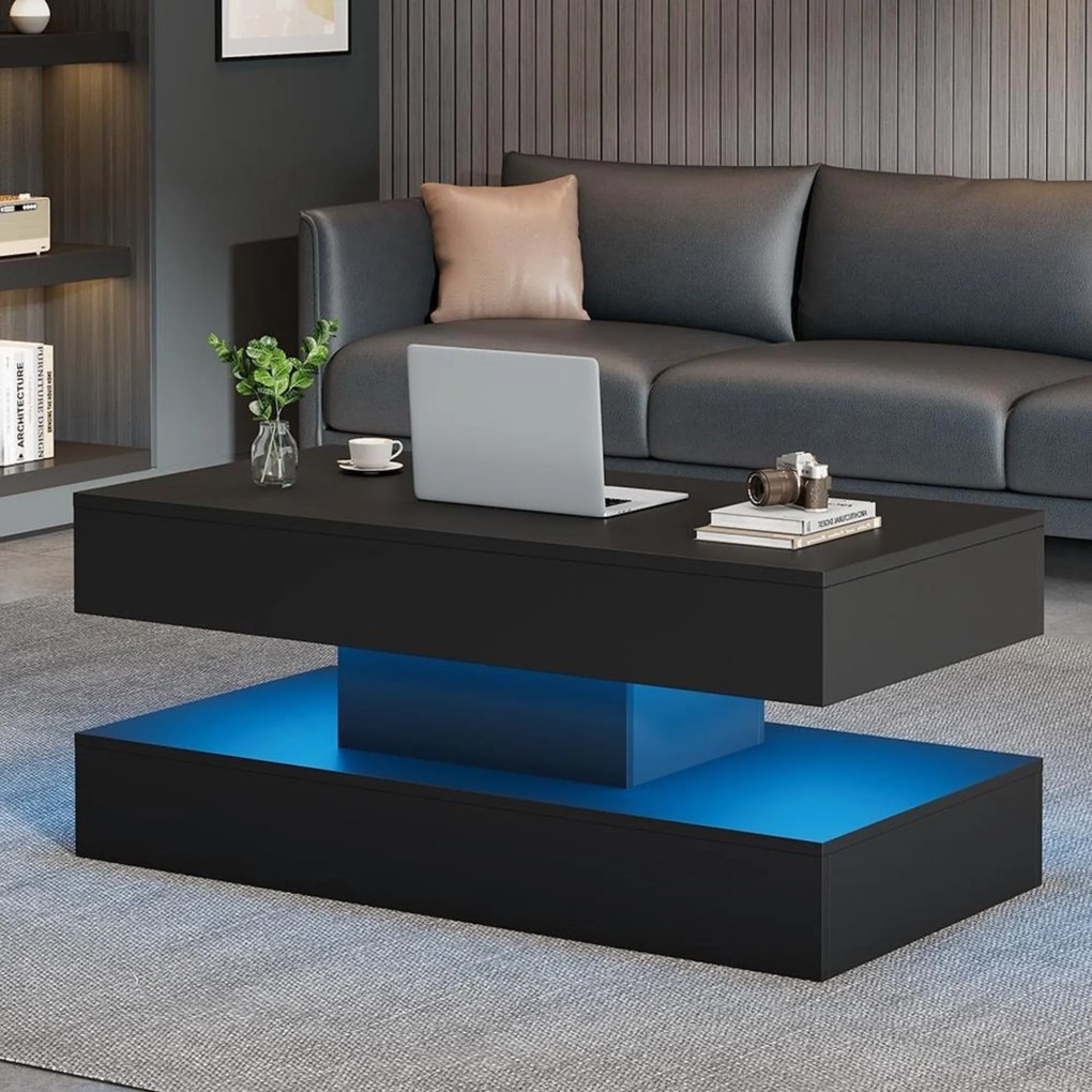 Masă de cafea modernă cu iluminare LED și spațiu de depozitare ascuns, măsuță laterală cu sistem hidraulic de ridicare, 100x50x42 cm, Negru