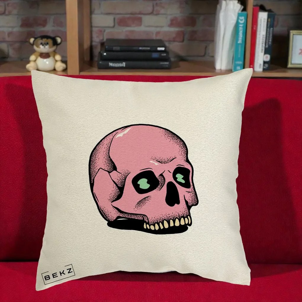 Perna Decorativa Craniu Roz Tatoo Art Halloween, 40x40 cm, Ecru, Husa Detasabila, Perna Inclusa, BEKZ®