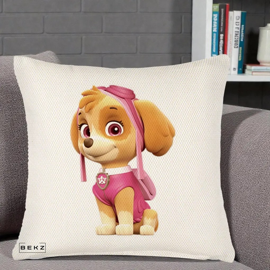 Perna Personalizata Skye PAW Patrol Roz, 40x40 cm, Crem Reliefat, Husa Detasabila, Perna Inclusa, BEKZ®