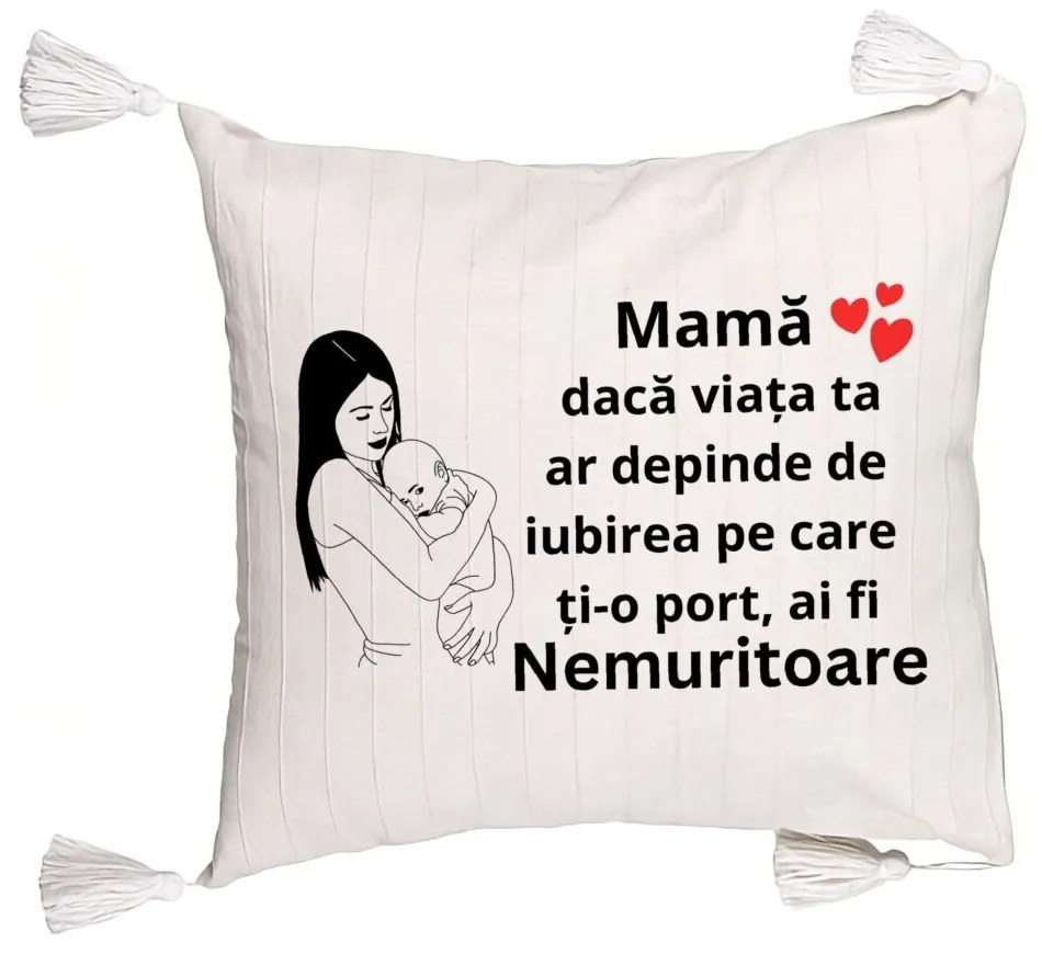 Perna Decorativa cu Franjuri, Model pentru Mama 12, 45x45 cm, Ecru, Cu fermoar