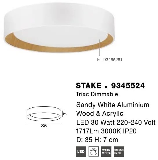 Plafoniera LED dimabila design modern STAKE alb/lemn 35cm