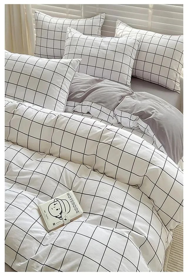 Lenjerie de pat albă/gri din bumbac ranforcé pentru pat de o persoană/extinsă cu cearceaf inclus/cu 3 piese 160x220 cm Checkered – Mila Home