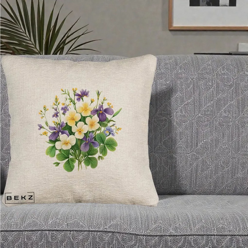 Perna Decorativa Viorele Iris Violet si Trifoi, 40x40 cm, Bej Canapea, Husa Detasabila, Perna Inclusa, BEKZ®