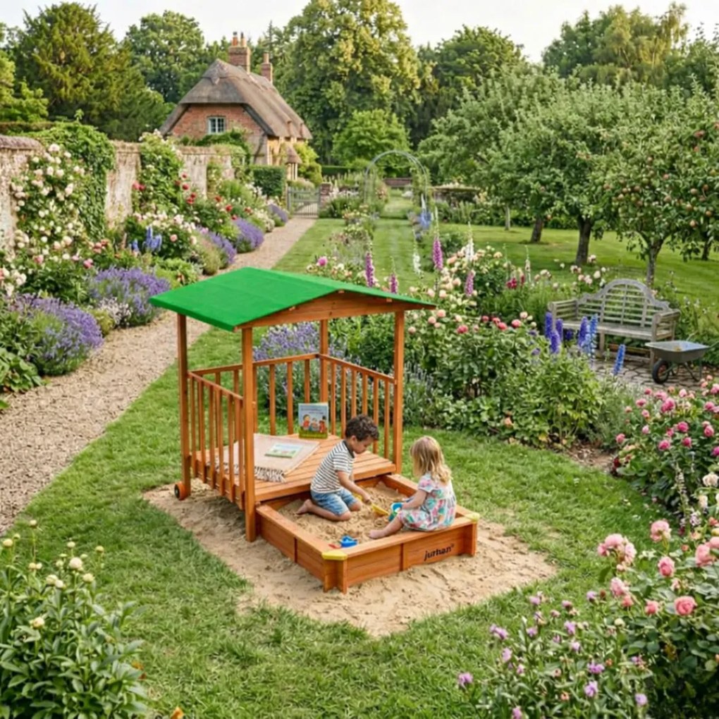 Groapa cu nisip cu verandă SUNNY, 130x130x143cm, maro/verde Jurhan