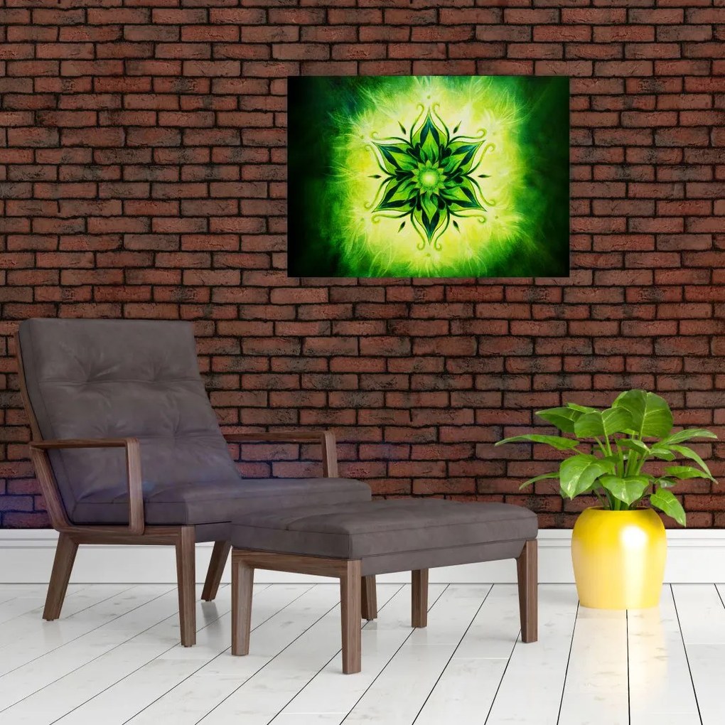 Tablou pe sticlă - Mandala de flori, fundal verde (70x50 cm)